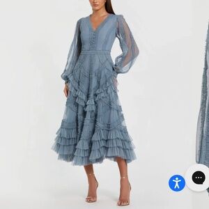 Blue Long Sleeve V-Neck Micro Ruffle Midi Dress